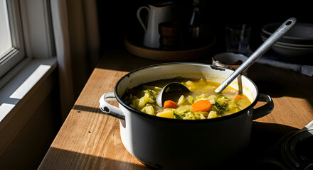 Rustic Pot of Vegetable Soup with a Ladle on a Wooden Table in Sunny Natural Light