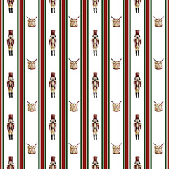 Seamless watercolor striped Christmas pattern with nutcracker and drums