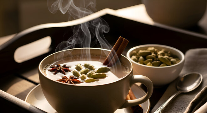 Steaming chai tea with spices and herbs in a cup, a perfect warm beverage