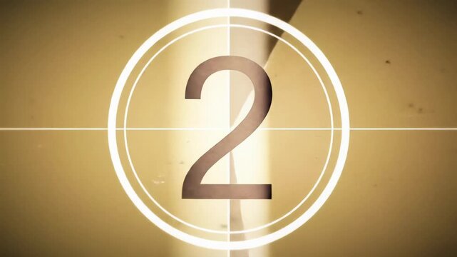 A vintage 16mm film countdown video: bold dark numbers in white circles on a warm sepia background with a vertical light split and a white light burst, nostalgic pre-roll intro concept