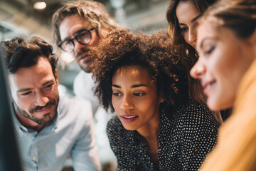 Focused diverse team collaborating around a computer in a modern office — creative brainstorming, teamwork and professional collaboration