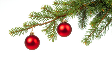 Festive Red Christmas Balls Hanging on Green Fir Branch for Holiday Decoration and Seasonal Celebration on white background