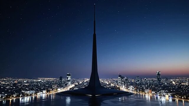Mesmerizing Night Panorama Tall Futuristic Building Overlooking a Luminous City Skyline Reflected in Water with a Beautiful Starry Night Sky