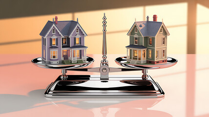 Balancing home buying decisions with vintage house models on scales, perfect for real estate, investment, or financial planning concepts with a classic feel
