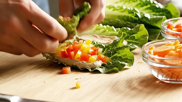 Close-up of vibrant lettuce wraps being prepared with fresh diced red and yellow bell peppers creamy spread and crisp carrots on a wooden board emphasizing heal