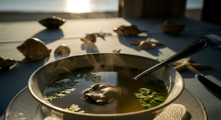 Obraz premium Steaming seafood soup in a bowl with seashells and a spoon on a table near the beach