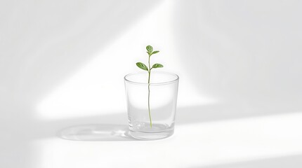 A Young Plant Grows Tall in a Clear Glass Vase