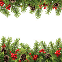 Christmas Frame Decorated with Green Fir Branches Isolated on White for Festive Design