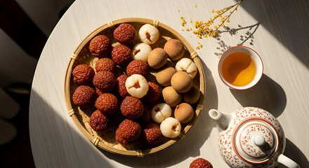 Still life of fruits and tea, including lychees, longans, cup of tea, and teapot