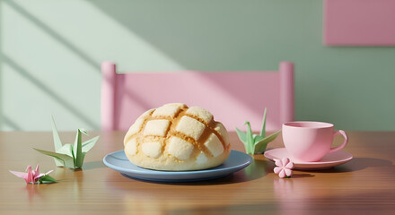 Still life of japanese melon pan bread, origami cranes and a tea cup, minimalist decor