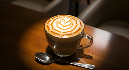 Stunning Coffee Art: A Delicious Cappuccino with a Beautiful Caramel Design on Dark Wood