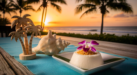 Stunning sunset beach scene with dessert, palm trees and decorative elements on a table