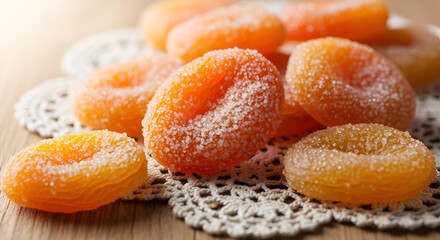 Sugared Apricots Arranged on Doily Displaying Warm Tones for Culinary and Aesthetic Appeal