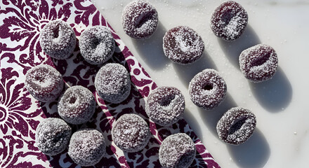 Sugared Doughnuts on a Patterned Textile, Delicious Confectionery Photography