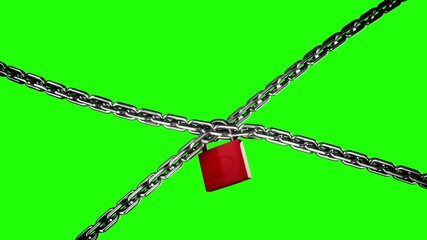 Red Padlock Secures Silver Chains on Green Background Symbolizing Security, Protection, and Safety with Striking Visual Impact and Vivid Contrast at Intersection