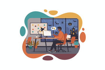 Creative man working late in Halloweendecorated office planning new ideas