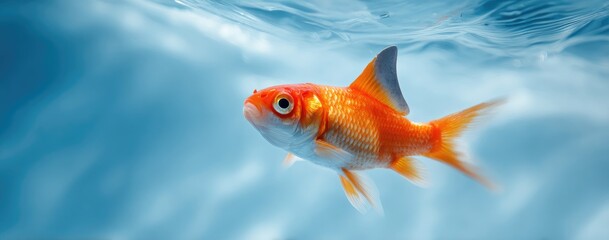 Fototapeta premium A vibrant orange fish swims in clear blue water. The focus is on the fish, with a soft blurred background