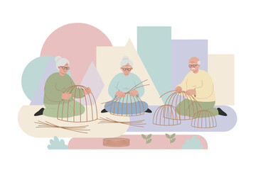 Elderly people crafting traditional woven items showcasing skill tradition and peaceful hobby