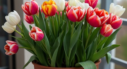 Vibrant tulip bouquet in ceramic pot floral arrangement closeup