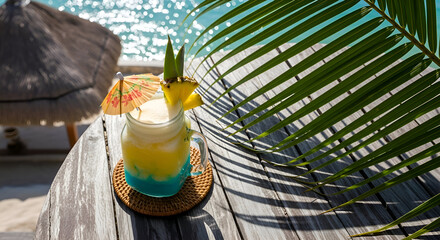 Summer Cocktail Delight: Tropical Drink with Pineapple, Palm Frond, and Coastal Setting