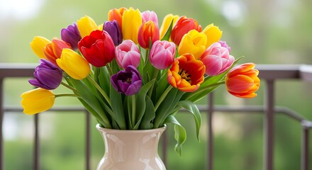 Vibrant tulip bouquet in a vase with colorful blossoms and green stems