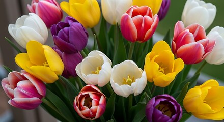 Vibrant tulip bouquet in full bloom with colorful petals and green stems