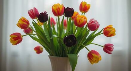 Vibrant tulip bouquet in vase displaying colorful petals and green stems