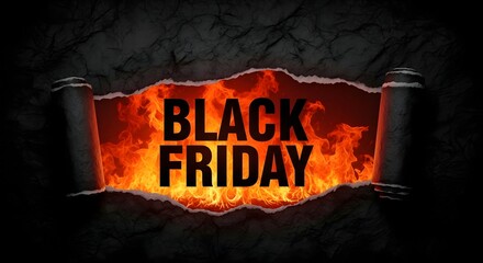 Black friday sale concept with fiery text and torn paper effect on a dark background, symbolizing intense deals and discounts during the holiday shopping season