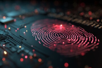 A stylized red fingerprint integrated into a complex circuit board design, security technology, representing digital security, biometric authentication and cybersecurity concept.