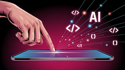Human finger interacts with tablet screen generating AI code and digital data streams, visualizing future technology.