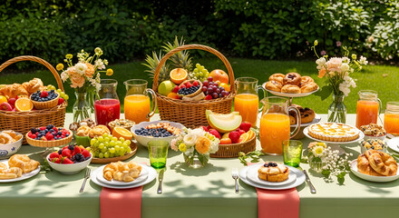 Sumptious breakfast table laden with delicious food and refreshing drinks in a sunny garden