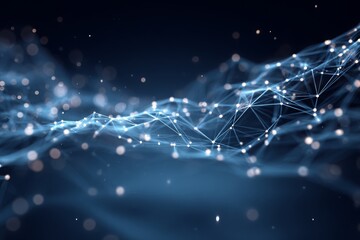 Abstract futuristic technology background with connecting lines and dots on blue surface, representing network connection and data flow with glowing effect.