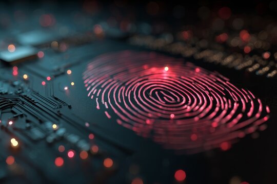 A stylized red fingerprint integrated into a complex circuit board design, security technology, representing digital security, biometric authentication and cybersecurity concept.