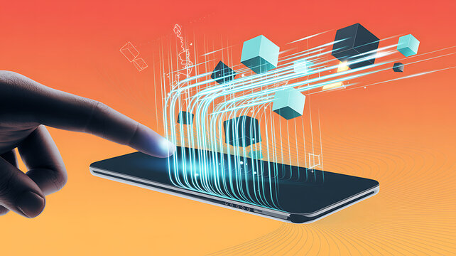 Futuristic digital transformation with hand interacting with smartphone interface, data visualization, and abstract cubes emerging.