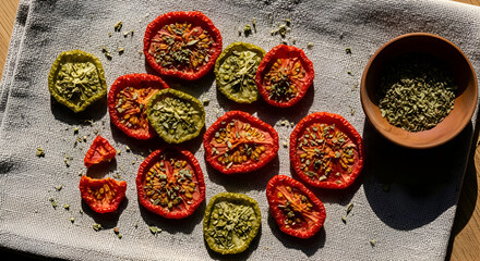 Sun-dried tomatoes seasoned with herbs in a rustic setting, perfect for cooking