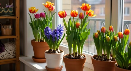 Vibrant tulips and hyacinth flowers in pots on a windowsill under natural light