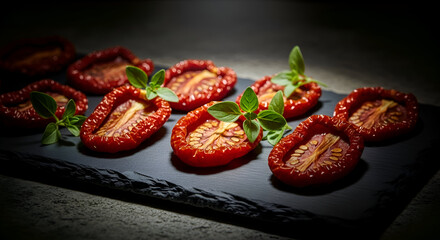 Sun-dried tomatoes with fresh basil leaves arranged on a dark stone surface to show a fresh snack