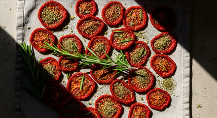 Sun-dried tomatoes with herbs and rosemary on a white cloth for gourmet cooking
