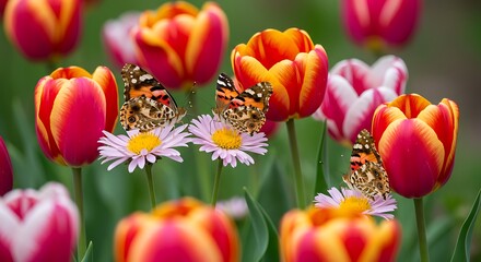 Vibrant tulips and butterflies in bloom a colorful spring garden scene