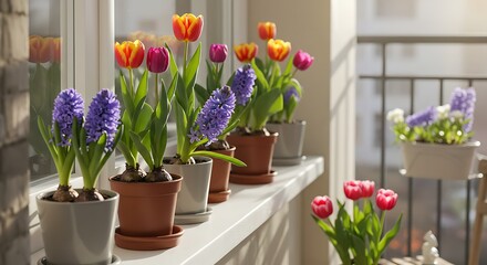 Vibrant tulips and hyacinths in pots on a windowsill with natural light