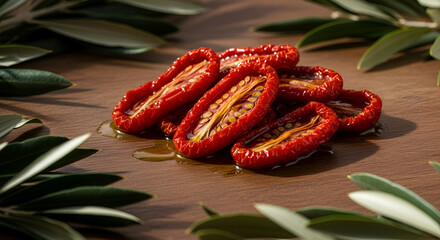 Sun-dried tomatoes with olive leaves on wooden background, food photography still life