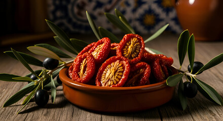 Sun-dried tomatoes with olives on a wooden table, healthy mediterranean food