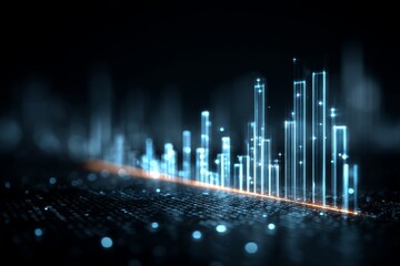 Digital city skyline concept with glowing neon towers on a dark matrix background, reflecting modern technology and abstract urban design elements.