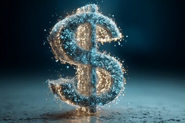 An artistic and abstract representation of a glowing dollar sign, symbolizing digital finance, cryptocurrency, and modern wealth management in a futuristic setting.