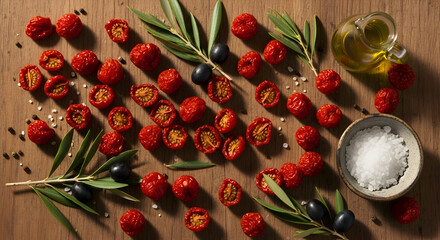 Sun-dried tomatoes with olives, olive oil and salt arranged on a wooden table for culinary use