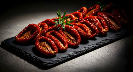 Sun-dried tomatoes with rosemary on a black slate, a delicious culinary preparation.
