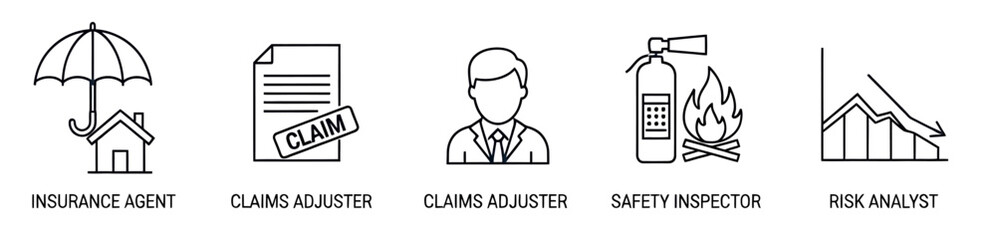 Five blackandwhite line icons depicting insurance and riskrelated professions