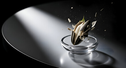 Sunflower seed bursting open in a glass bowl creating a dynamic and focused image