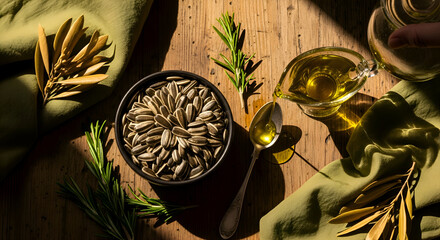 Sunflower Seeds and Oil with Rosemary on a Wooden Background: A Culinary Composition