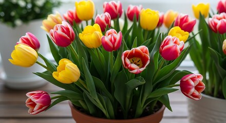 Vibrant tulips display with red and yellow blossoms in full bloom for spring